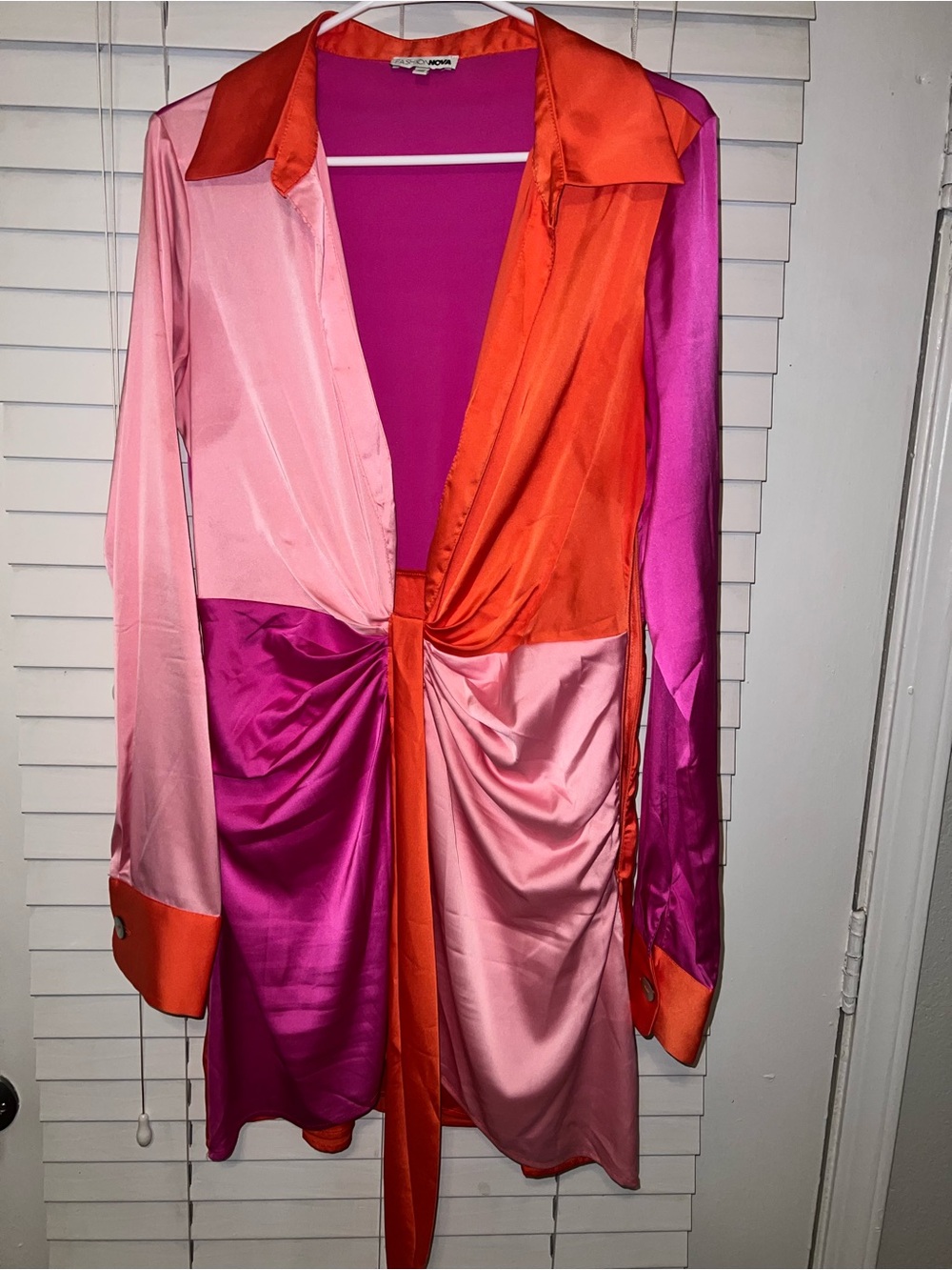 Fashion Nova Satin Colorblock Midi Dress in Pink, Fuchsia & Orange